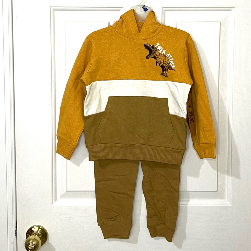 Alex & Jack Boys Yellow Cotton Dinosaur Hoodie Pants Outfit Set Size 2T New W/t